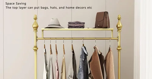 Vista 5 de Perchero de Ropa Dorado, Perchero de Ropa Industrial para Colgar Ropa con Estantes Dobles Independiente Multifuncional de Servicio Pesado Perchero