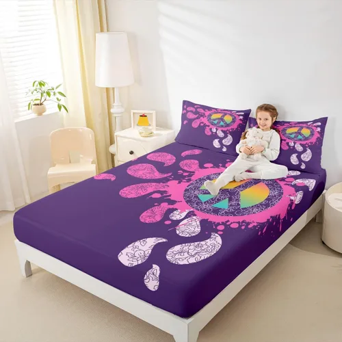 Vista 4 de Erosebridal - Juego de sábanas hippie para niños, tamaño doble, diseño de signo de la paz púrpura, sábana bajera bohemia, exótica para niños