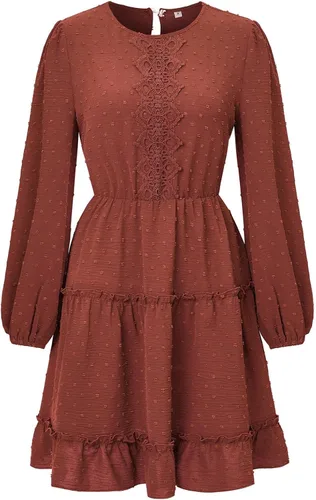 Vista 4 de Vestido midi casual de otoño para mujer, de manga larga, cuello redondo, fruncido, escalonado, con volantes, vestido floral con vuelo, faldas diarias
