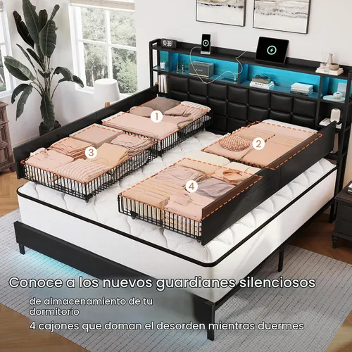Vista 3 de LARMACE Marco de cama de madera tamaño queen con cajones de almacenamiento