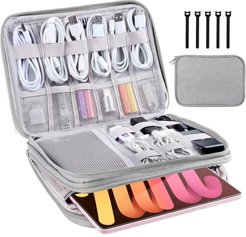 Vista 8 de Organizador de artículos electrónicos, estuche de viaje, organizador de cables, accesorios de viaje, esenciales para mujeres y hombres, bolsa A-Negro