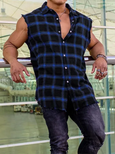 Vista 2 de Beotyshow Camisa de franela sin mangas con botones para hombre, camisas A: Azul