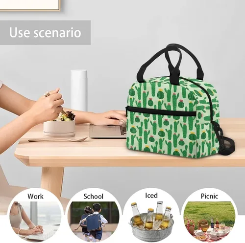 Vista 6 de Bolsas de almuerzo aisladas con diseño de cactus verdes para mujer, reutilizable, a prueba de fugas, con correa de hombro ajustable, portátil