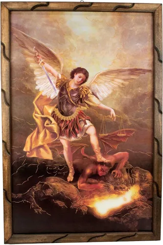 Vista 2 de Mrcjsales: Arcángel de San Miguel, imagen dorada en marco rústico, pintura al óleo, 24 x 36 pulgadas, 13 x 18 pulgadas, 10 x 12 pulgadas, imagen