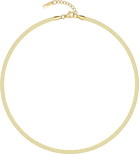 Vista 8 de Collar de espiga para mujer, chapado en oro de 14 quilates, cadena de serpiente plana de 0.157 in, gargantilla de cadena de hueso de serpiente