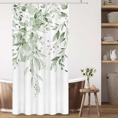 Vista 104 de Tititex - Juego de cortinas de ducha de eucalipto negro, hojas de acuarela gris en la parte superior, con decoración floral de baño, 60 x 72
