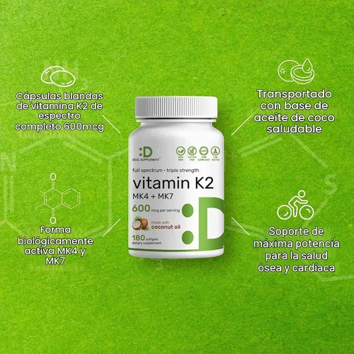 Vista 4 de DEAL SUPPLEMENT Suplemento de vitamina K2 de 600 mcg, 180 cápsulas blandas de aceite de coco Formas MK-7 y MK-4 de alta absorción de espectro