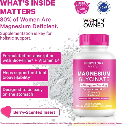 Vista 2 de Pink Stork Glicinato de magnesio con vitamina D - Suplemento de magnesio para mujeres para apoyar la calma natural, el estado de ánimo y el sueño