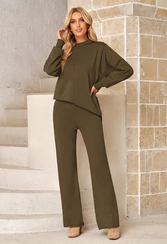 Vista 8 de Viottiset Conjunto de 2 piezas de suéter para mujer, pantalones de pierna ancha, cuello alto, ropa de descanso