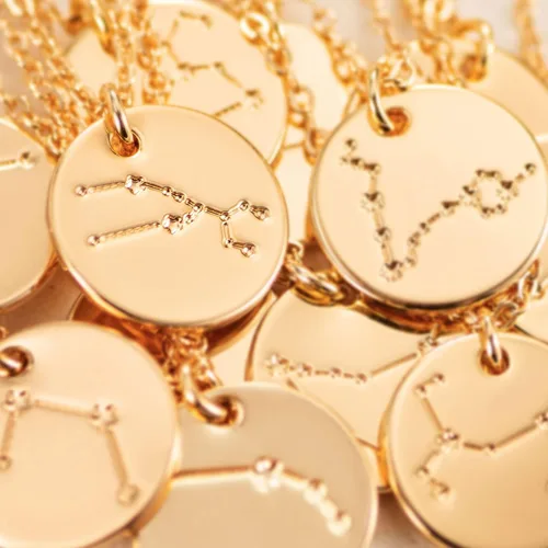 Vista 6 de Mevecco - Collar de oro, disco de moneda, zodiaco, 12 constelaciones, estrella conectada, grabado con horóscopo, colgante de astrología, cadena