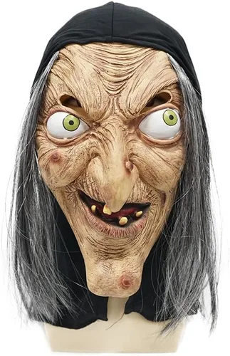 Vista 3 de EraSpooky Máscara de bruja para mujer, disfraz de Halloween, máscaras de látex de cabeza completa con pelo