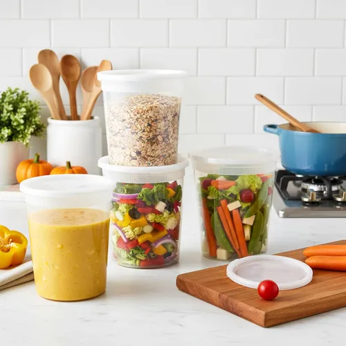 Vista 7 de Lawei Paquete de 50 recipientes de 32 onzas con tapas, almacenamiento de alimentos de plástico a prueba de fugas para preparación de comidas, sopa
