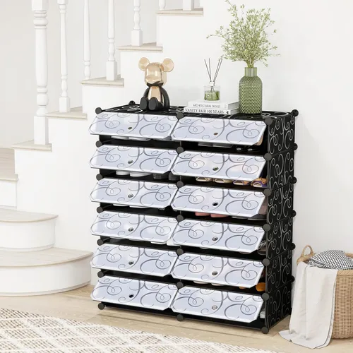 Vista 8 de COSTWAY Organizador de zapatos, estantes de zapatos de 6 niveles con cubiertas, diseño de bricolaje, 24 pares de cajas organizadoras de cubos Negro