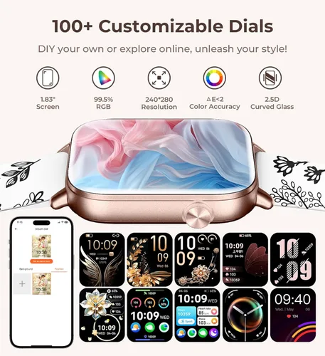 Vista 6 de Iaret Reloj inteligente para mujer, rastreador de fitness HD de 1.83 pulgadas con 4 bandas, responder/hacer llamadas, frecuencia cardíaca, sueño