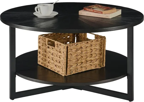 Vista 4 de LEEMTORIG KFZ-1338 Mesa de centro redonda de madera de 33.5 pulgadas, mesa de centro redonda de 2 niveles con almacenamiento para sala de estar