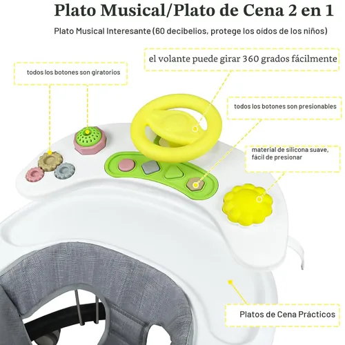 Vista 2 de Andador plegable para bebés con ruedas, caminantes portátiles 5 en 1 para Altura ajustable, bandeja de música, 2 asientos lavables, reposapiés