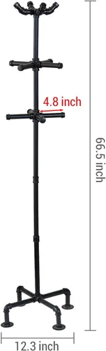 Vista 4 de MyGift Perchero industrial de metal negro de 64 pulgadas con diseño de tubo realista y 12 ganchos, organizador de entrada para colgar abrigos