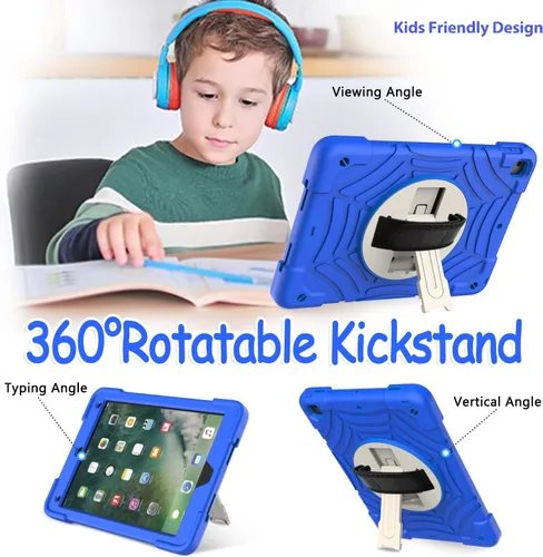 Vista 5 de BMOUO Funda para iPad de 6ª/5ª generación/Air 2, para iPad de 9.7 2018/2017 con protector de pantalla, soporte giratorio 360º y correa de mano y Azul