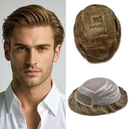 Vista 13 de Toupee - Piezas de pelo para hombres, cabello humano real, sistema de reemplazo de cabello francés, encaje francés, extensiones de cabello