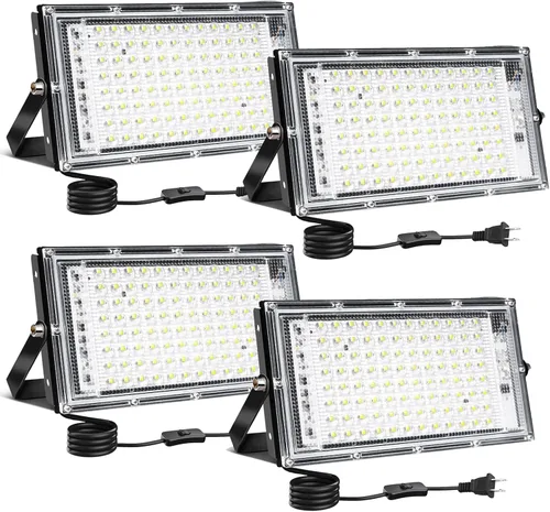 Vista 10 de Luz de inundación de 50 W para exteriores, paquete de 4 luces LED de 5000 lúmenes, 6500 K súper brillantes, enchufe para exteriores, luces