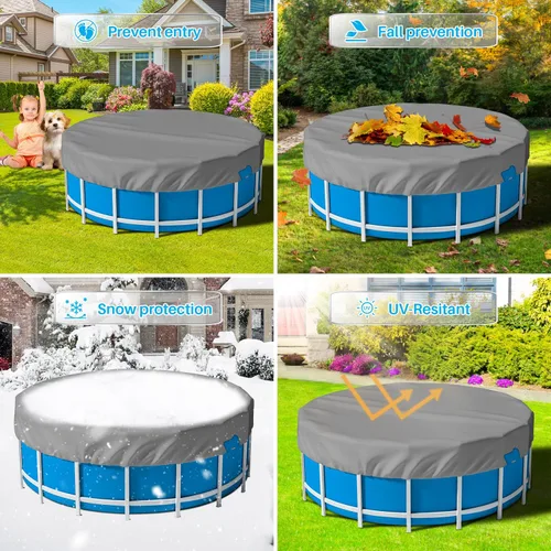 Vista 5 de Patio Cubiertas redondas para piscinas sobre el suelo, cubierta de seguridad para alberca de invierno de 10 pies, lona resistente con cabrestante