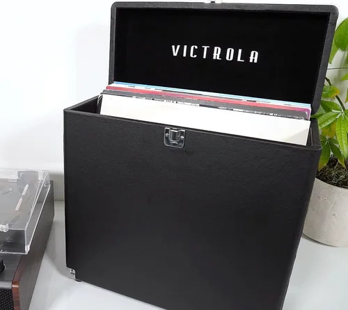 Vista 6 de Victrola Collector – Estuche de almacenamiento para discos – Contiene más de 30 discos de vinilo, herrajes resistentes, bisagras y esquinas