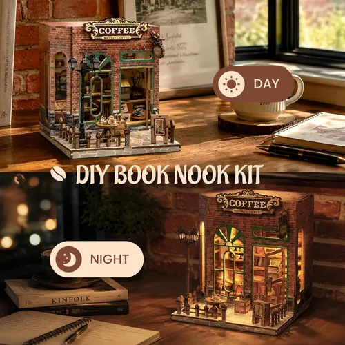 Vista 5 de Kit de rincón de libros, casa en miniatura con luces LED, rompecabezas de madera 3D para adultos, kit de construcción de mini casa de muñecas