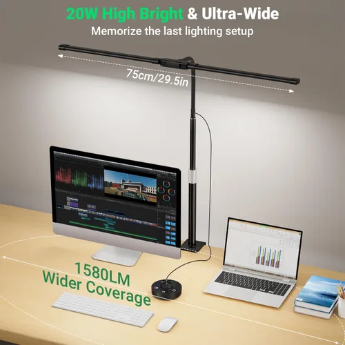 Vista 4 de LED Desk Lamp with Clamp, 23.5-31.5 Inches, Black 24W, 75 Lighting Modes, Flexible Neck Design, Telescopic Height, For Home Office Study Work