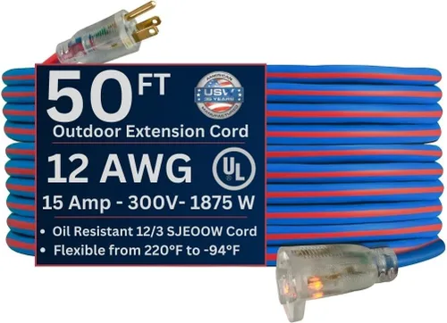 Vista 11 de US Wire 99025 12/3 25 pies SJEOW TPE Cable de extensión para clima frío azul con enchufe iluminado