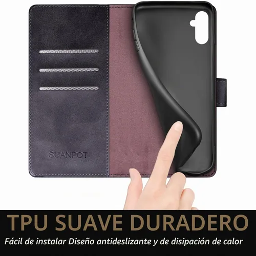 Vista 6 de SUANPOT Funda tipo cartera para Samsung Galaxy A13 5G con bloqueo RFID, tarjetero de crédito, funda protectora de piel sintética con tapa para Negro