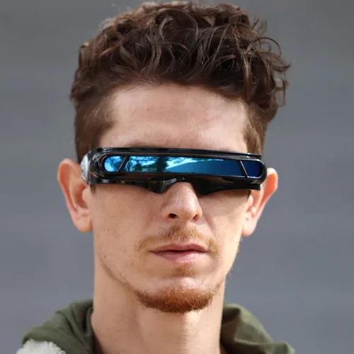 Vista 4 de FLAWLESS EYEWEAR Futurista Space Alien Disfraz Fiesta Cíclope Escudo Espejo de Color Mono Lente Envoltura Gafas de sol 5.787 in