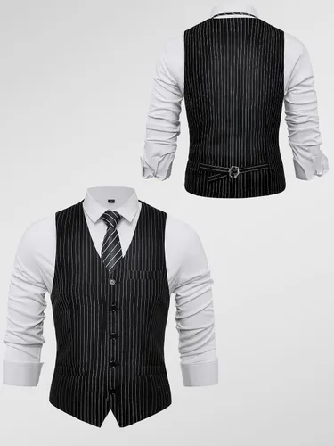 Vista 6 de BABEYOND Chaleco de traje para hombre, chaleco ajustado, chaleco de vestir de negocios para traje de esmoquin Rayas negras