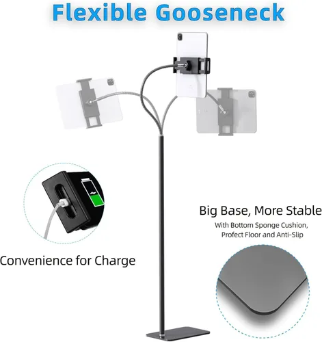 Vista 3 de Soporte de suelo para tablet con cuello de cisne flexible y base estable, compatible con tabletas y teléfonos celulares (3.5 a 9.7 pulgadas)