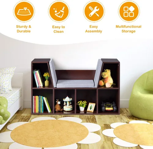 Vista 7 de HONEY JOY Organizador de rincón de lectura con cojín de asiento, estantería para niños con rincón de lectura, estante de almacenamiento de esquina