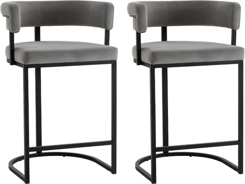 Vista 13 de Modern Barrel - Juego de 2 taburetes de bar de terciopelo de 24 pulgadas con respaldo y brazos cómodos, silla de isla de cocina tapizada de sherpa