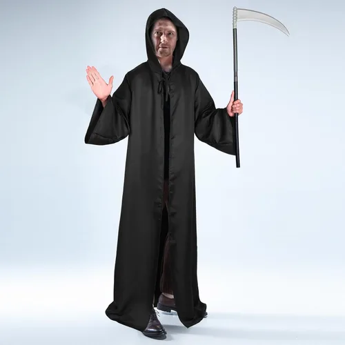 Vista 6 de Disfraz de guadaña de la parca para Halloween, disfraz de grito de plástico, capa con capucha para adultos