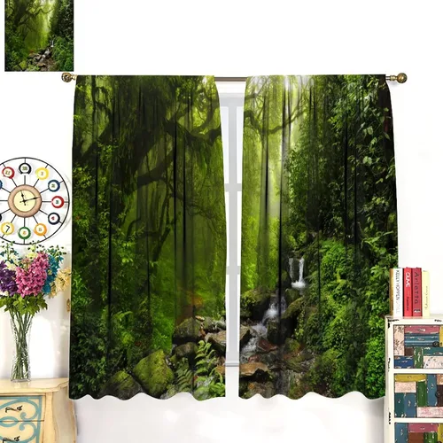 Vista 3 de Cortinas de paisajes naturales – Bosque idílico vegetación soñada, misterio fresco tema de paisajes tropicales, cortinas opacas decorativas