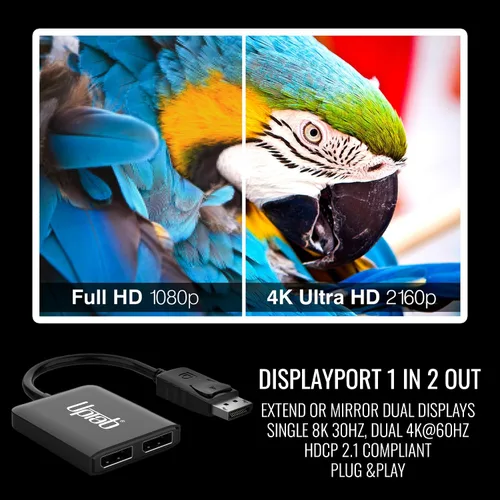 Vista 5 de uptab Adaptador DisplayPort a Dual DisplayPort 8K Multi Monitor Splitter, Convertidor Multi-Stream Transport (MST) Hub, DP a 2X DP