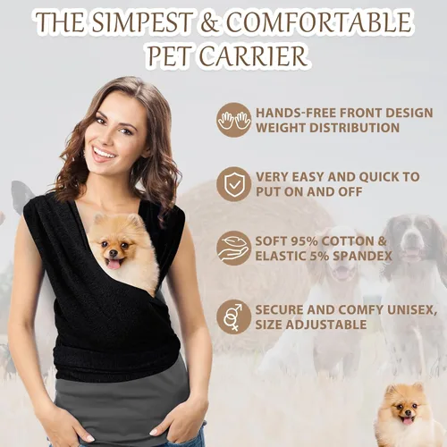 Vista 4 de Transportador para perros, baúl de transporte para gatos, eslinga frontal para perro, manos libres, tamaño ajustable, algodón suave, bolsa para Negro