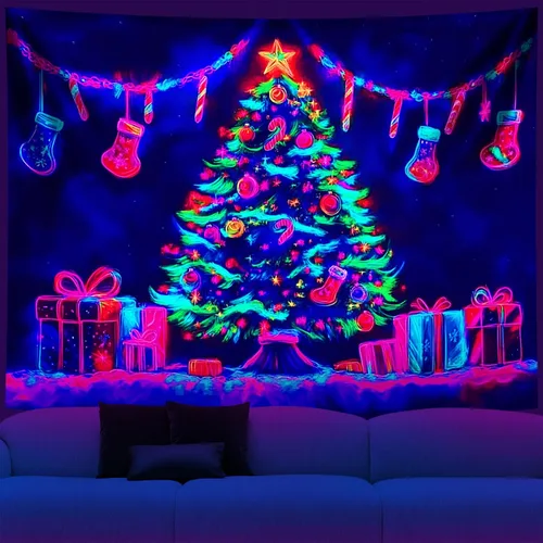 Vista 18 de NYZE - Tapiz de Navidad con Papá Noel, tapiz de luz negra que brilla en la oscuridad, colgante de pared, banner festivo, decoración para fiesta