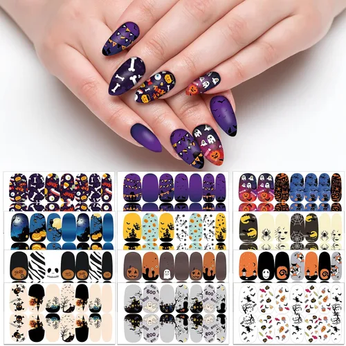Vista 10 de TailaiMei 12 hojas de calcomanías de otoño para uñas, tiras de esmalte de uñas autoadhesivas con 2 limas de uñas para el día de Acción de Gracias