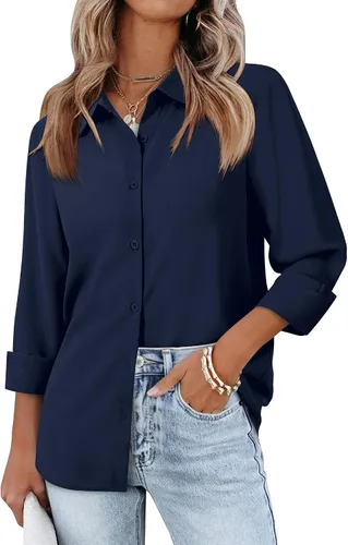 Vista 7 de siliteelon Camisas de manga larga con botones de gasa para mujer: blusas de trabajo con cuello para negocios, oficina, vestidos casuales