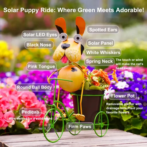 Vista 4 de Estatua solar de 14 pulgadas con luces solares de metal para exteriores, divertido soporte de planta de bicicleta para decoración de jardín, patio
