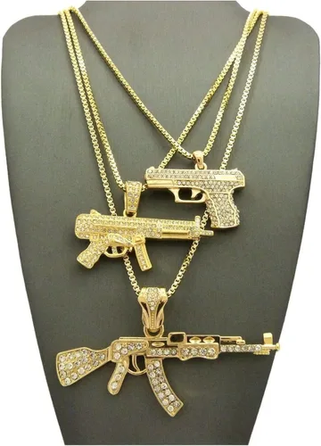 Vista 2 de Shiny Jewelers USA Juego de collar de cadena con colgante para hombre pistola AK 47 picador pulgar vida Metal Circonia cúbica