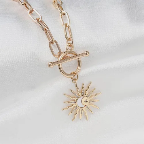 Vista 5 de DoreenBeads 18K Gold Plated Sun Moon Star Evil Eye Pendant Necklace Toggle Paperclip Chain Necklace Jewelry Gift for Women Girls