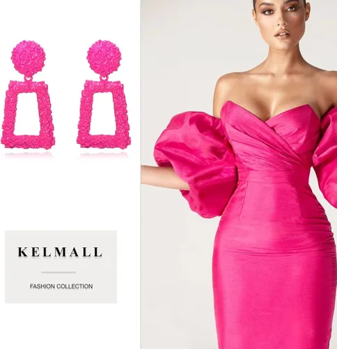 Vista 2 de Aretes geométricos con rectángulo colgante de oro, aretes modernos llamativos para mujer, colección KELMAL