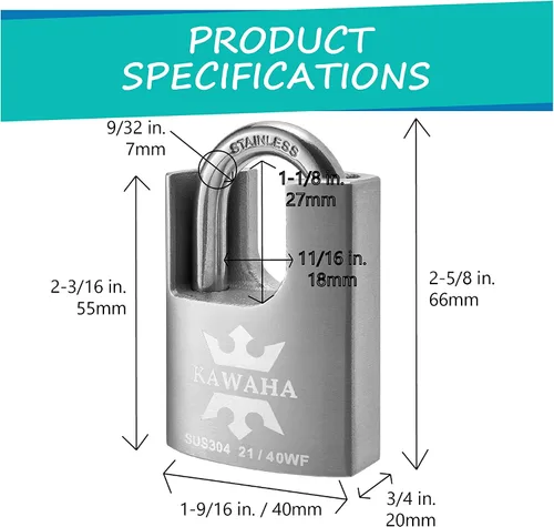 Vista 3 de 21/40-2PS Candado con Funda de Acero Inoxidable de Alta Seguridad con Llave de Acero Inoxidable para Uso en Interior y Exterior