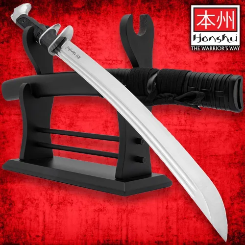 Vista 7 de HONSHU Sub-Hilt Wakizashi - Espada y funda Hoja de acero de alto carbono 1060 Mango TPR y protector de acero al carbono Funda de madera