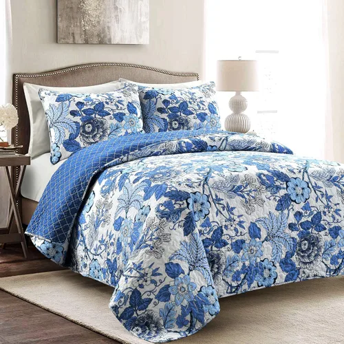 Vista 11 de Lush Decor Sydney - Juego de edredón reversible de algodón, juego de 3 piezas, matrimonial/queen, negro y azul, juego de ropa de cama de algodón