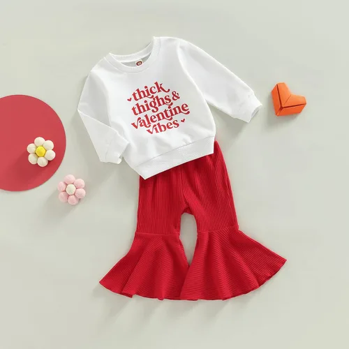 Vista 3 de Ehfomius Conjunto de 2 piezas de sudadera de manga larga con cuello redondo y pantalones acampanados para bebé niña